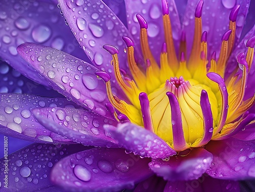 Macro image of a water lily with dewdrops accentuating its vibrant purple tones and intricate details.