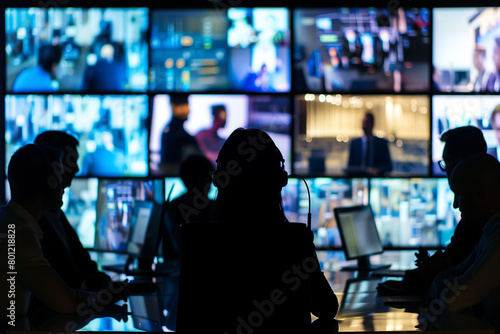 Backlit silhouettes of businesspeople engaged in virtual meetings on multiple screens, illustrating remote collaboration across continents.