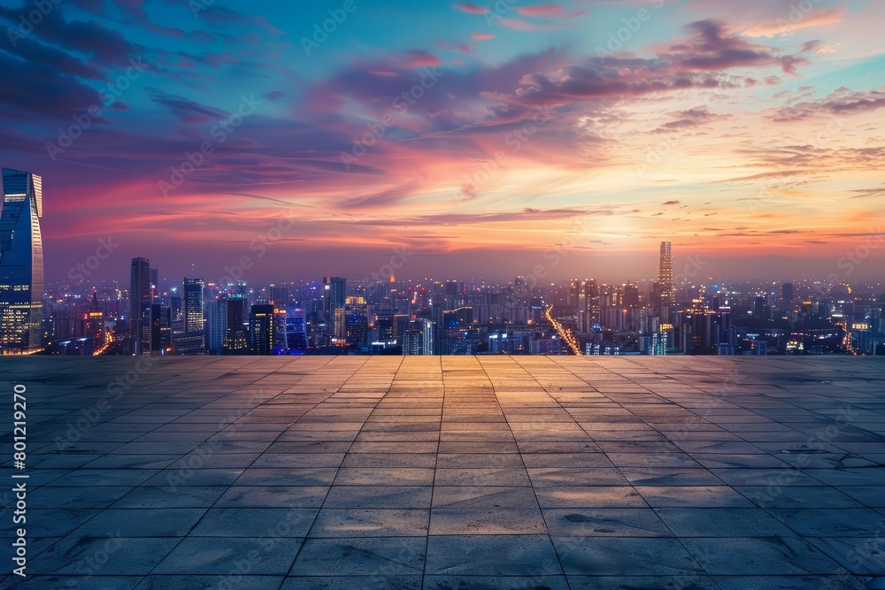 A breathtaking cityscape at sunset. The warm colors of the sky contrast with the cool colors of the city. The city is full of life. The image is peaceful and serene.