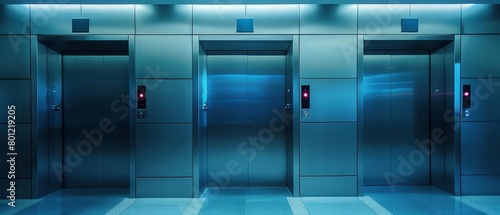 A bank of three brushed metal modern elevators with red up and down buttons. photo