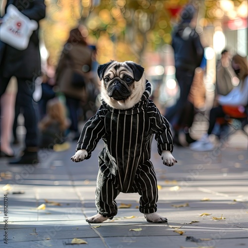 Pug in a mime artist costume performing in a street scene