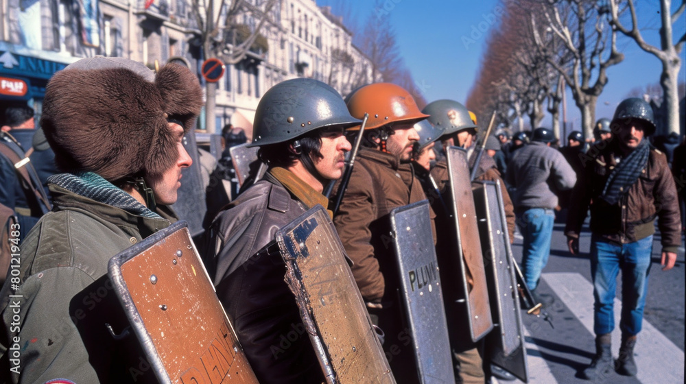 Obraz premium Protestors with makeshift shields on the street, civil unrest