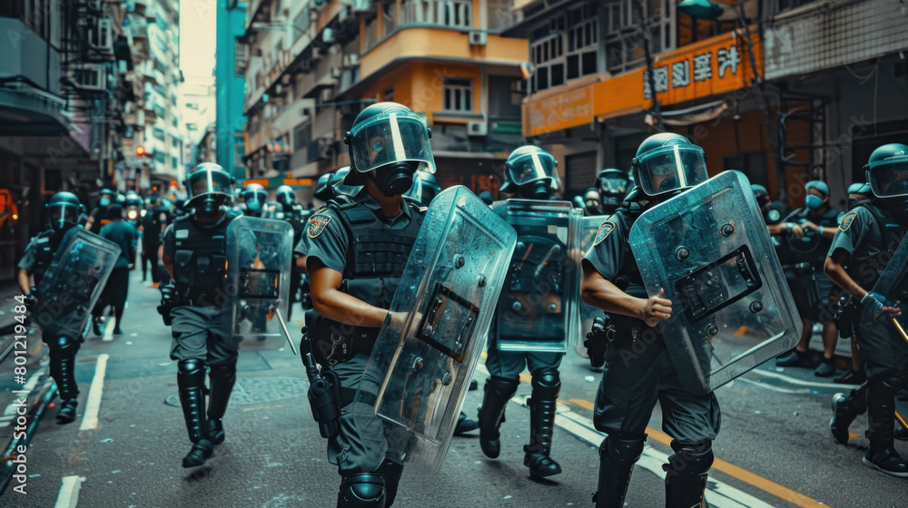 Naklejka premium Anti-riot police squad running on the street