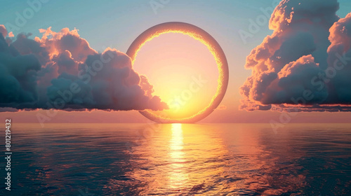 Mysterious ring structure over sea, sunset light