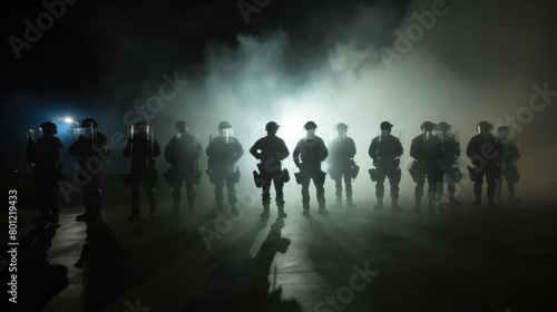 Special police forces or army on the street, night, smoke, anti-riot operation