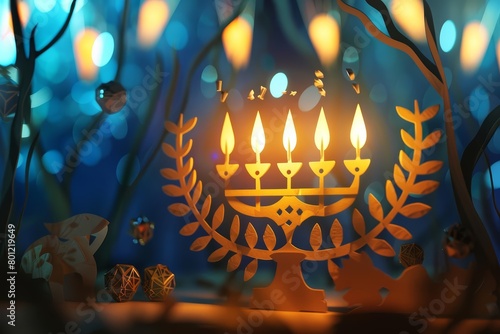 A beautiful illustration of a Hanukkah menorah with four candles burning