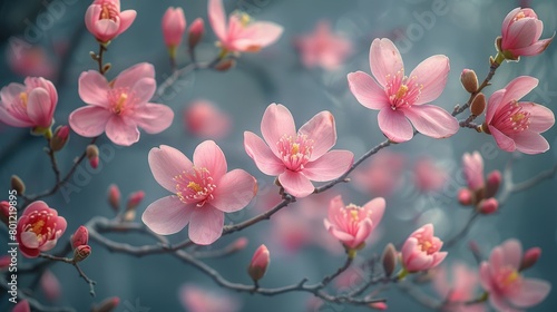 A branch of delicate pink cherry blossoms against a soft blue background.