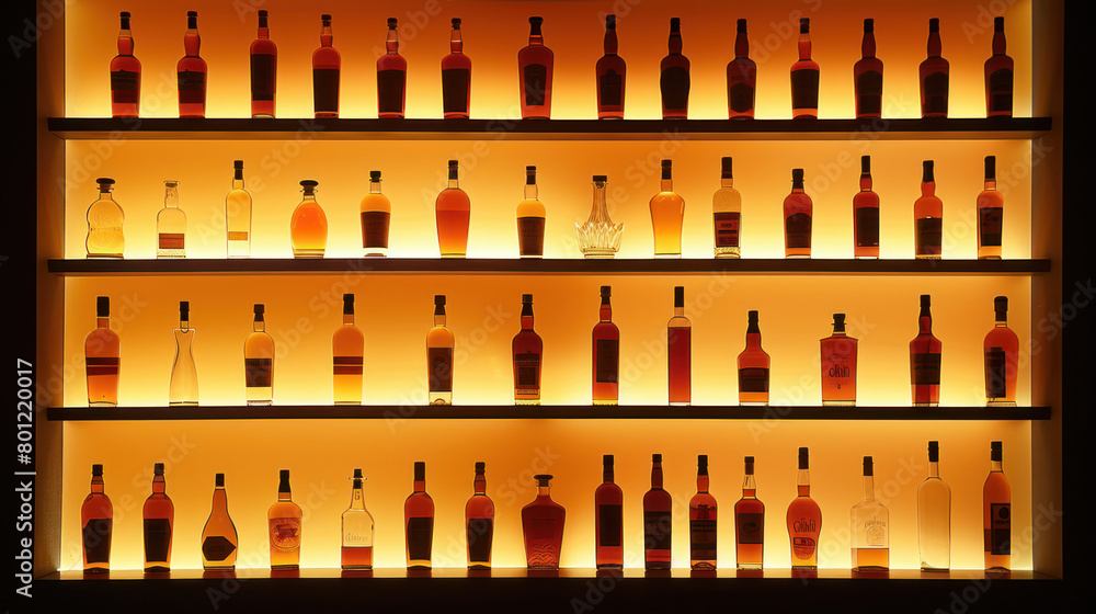 Rows of bottles on shelf in bar, amber yellow back lighting