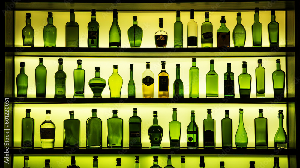 Green lit bottles in pub or restaurant Green lit bottles in pub or restaurant