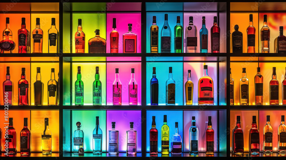 Multi-colored bottles of alcohol in bar, restaurant or liquor store