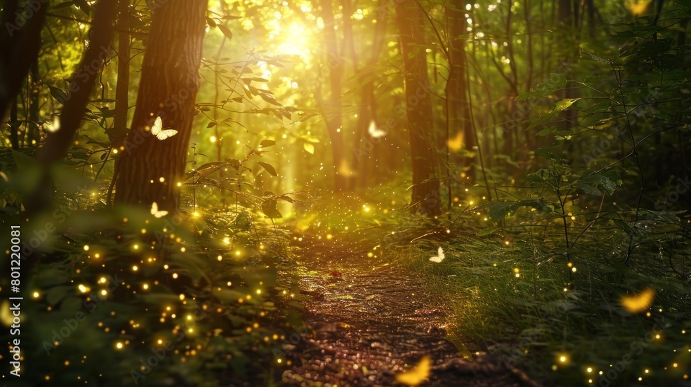 Obraz premium photo Magical fireflies fly towards the rays of sunlight in a forest that has a path