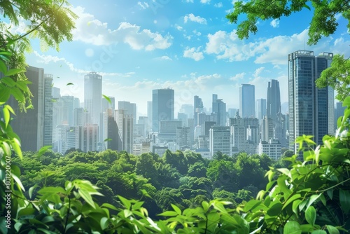 A lush green city with skyscrapers and a blue sky. The city is surrounded by trees and plants. The air is clean and fresh. The people are happy and healthy.