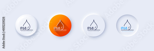 Waterproof line icon. Neumorphic, Orange gradient, 3d pin buttons. Water resistant ip68 sign. Drop protection symbol. Line icons. Neumorphic buttons with outline signs. Vector