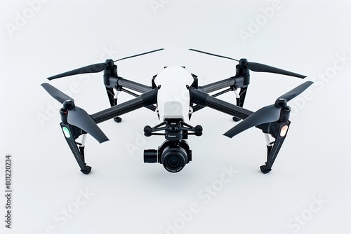 Display a compact drone positioned against a simple white background. This photo symbolizes the advancement of aerial technology in a clean and sophisticated manner.