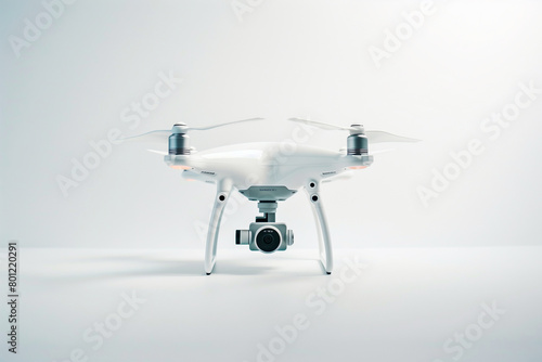 Display a compact drone positioned against a simple white background. This photo symbolizes the advancement of aerial technology in a clean and sophisticated manner. photo