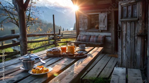 Breakfast table in rustic wooden terace patio of a hut hutte in tirol alm at sunrise