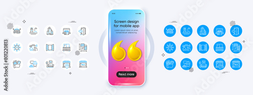 Sports arena, Build and Lighthouse line icons. Phone mockup with 3d quotation icon. Pack of Open door, Marketplace, Skyscraper buildings icon. Balcony, Market sale, Floor plan pictogram. Vector