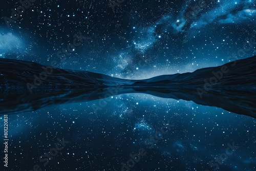 The tranquil beauty of a starlit night sky is reflected in the still waters of a mountain lake, creating a breathtaking scene.