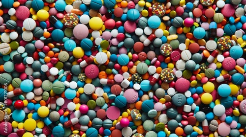 An array of multicolored pharmaceutical pills and capsules, including opioids, vitamins, and a variety of medicines, scattered across a surface, representing healthcare and medication diversity