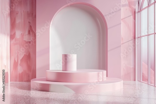 Photo of a pink podium with a spotlight