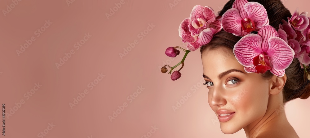 Elegant woman adorned with orchids in hair on soft pastel background with space for text