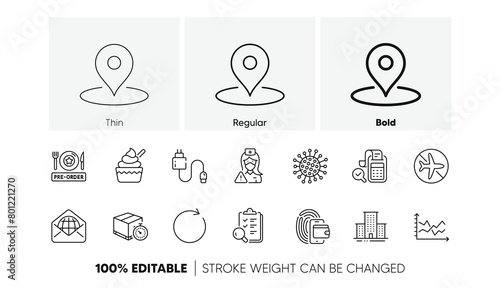 Wallet, Coronavirus and Synchronize line icons. Pack of Ice cream, Web mail, Charging cable icon. Pre-order food, Inspect, Pin pictogram. Bill accounting, Nurse, Delivery timer. Line icons. Vector