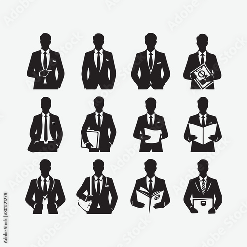Businessman silhouette set. Vector silhouettes of men, a group of standing and walking business people, black color isolated on white background