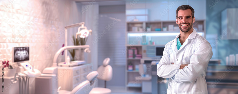 Dentist. a male dentist stands against the backdrop of a dental office ...