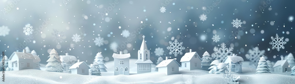 Fototapeta premium A beautiful snowy village scene with a church, houses, and trees covered in snow. The sky is a light blue and the sun is shining brightly. The scene is peaceful and serene.