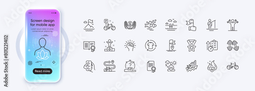 Certificate, Swimming pool and Leadership line icons for web app. Phone mockup gradient screen. Pack of Flag, Winner ribbon, Empower pictogram icons. Cardio training, Bicycle, Quiz signs. Vector