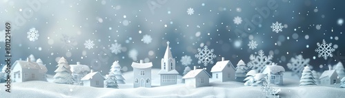 A beautiful snowy village scene with a church, houses, and trees covered in snow. The sky is a light blue and the sun is shining brightly. The scene is peaceful and serene.