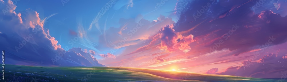 A beautiful landscape painting of a sunset over a field of grass
