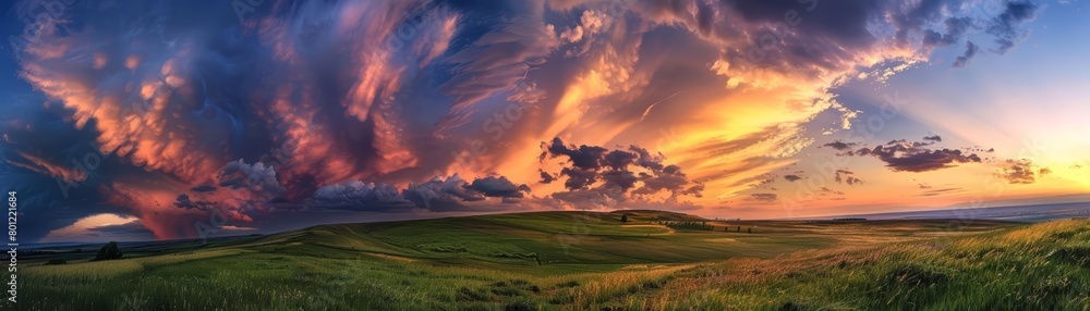 A beautiful landscape photo of a field of grass under a stormy sky. The clouds are dark and ominous, but the sun is still shining brightly, creating a dramatic and beautiful scene. A beautiful landscape photo of a field of grass under a stormy sky. The clouds are dark and ominous, but the sun is still shining brightly, creating a dramatic and beautiful scene.
