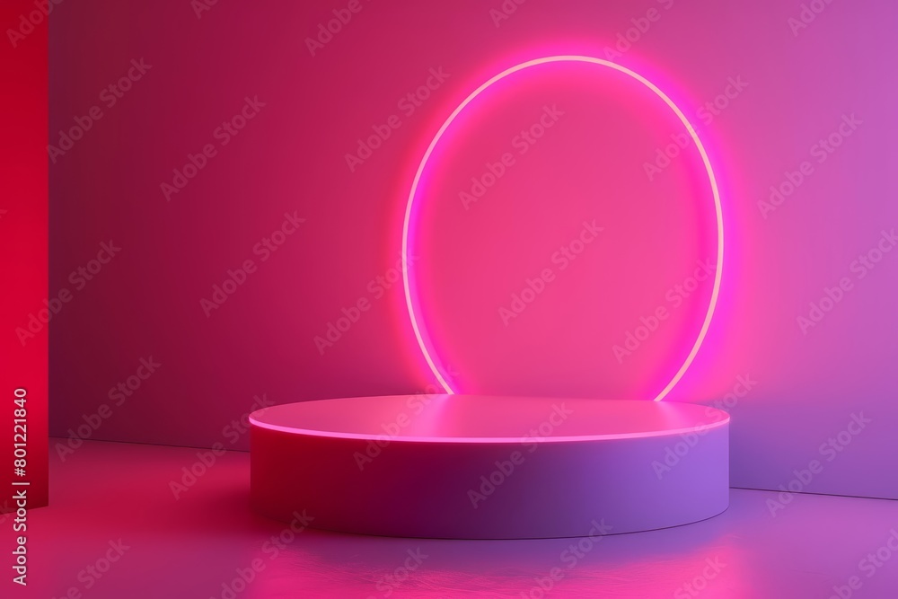A glowing pink neon circle illuminates a simple stage, casting a soft light on the minimalist structure A glowing pink neon circle illuminates a simple stage, casting a soft light on the minimalist structure