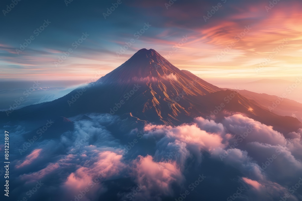 Fototapeta premium A beautiful landscape of a volcano. The sky is a deep blue and the clouds are a light pink. The volcano is a dark grey and is surrounded by a lush green forest.