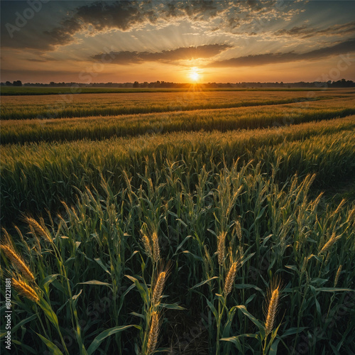Summer sunrise over wheat fields. Generative AI