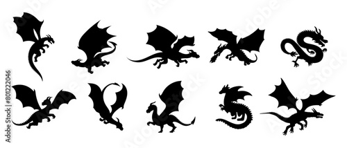 Dragon Silhouette. Dragon Crest Wings great set collection, dragon tattoo designs, Black vector illustration on white background . © Amina