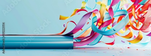 Colorful ribbons flowing dynamically from a metallic cylinder on a light blue background