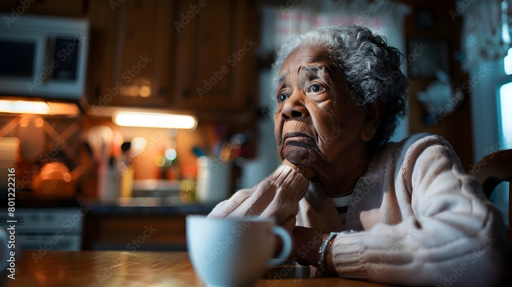African American Elderly Woman Sitting at Vintage Kitchen Table with Cup of Tea
