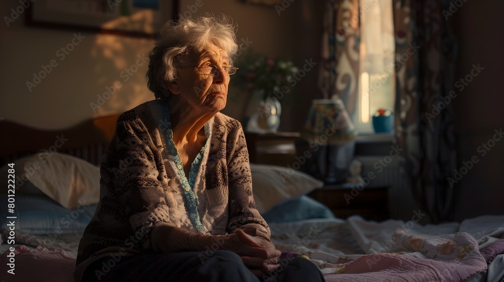 Fototapeta premium Elderly Woman Sitting on Bed in Dimly Lit Room Lost in Pensive Thought