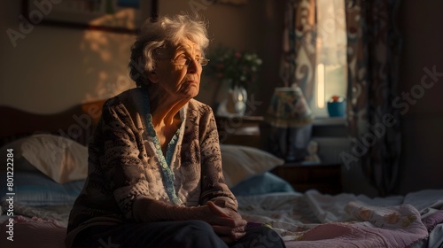 Elderly Woman Sitting on Bed in Dimly Lit Room Lost in Pensive Thought