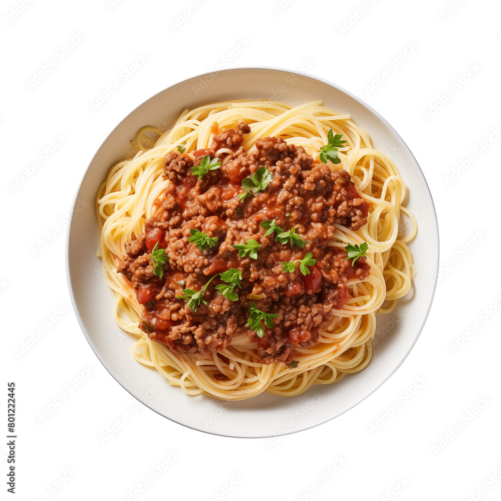 Delicious spaghetti Bolognese is appetizing, served on a white plate on a white background. Generative AI