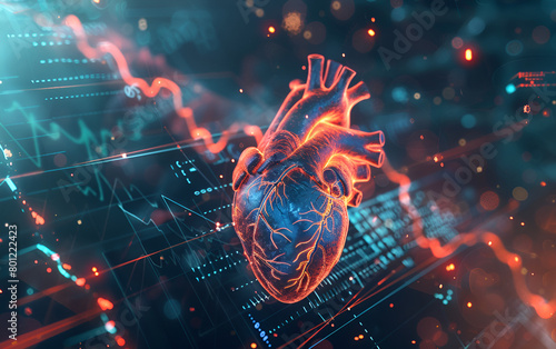 Human Heart Diagram, Ecg graph, heart attack concept. 3d illustration, photo