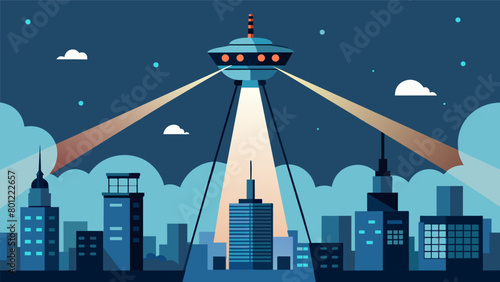 The towers massive revolving searchlights scan the city creating an atmosphere of constant surveillance and control..
