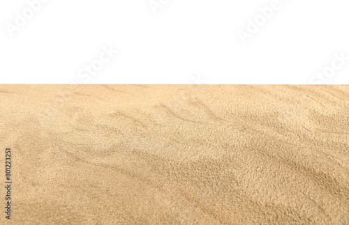 The surface is made of sea sand. Isolated. On a white van. Natural, summer background. The backdrop. shore, beach. A place for the product. The dunes. Isolated sand. Copy space