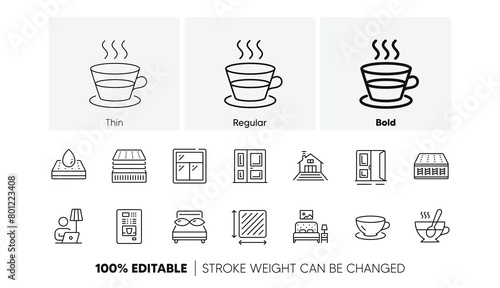 Furniture, Square area and Floor lamp line icons. Pack of Window, Entrance, Pillows icon. Coffee cup, Waterproof mattress, Coffee vending pictogram. Tea cup, Deluxe mattress, Espresso. Vector