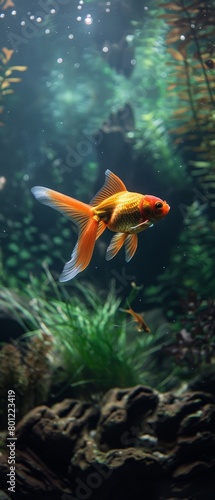 A goldfish swimming in a tank with green plants