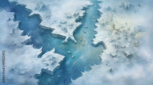 DnD Battlemap Arctic frozen lake: Impressive icy landscape with snowy mountains.