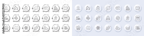 Luggage trolley, Backpack and Grilled steak line icons. White pin 3d buttons, chat bubbles icons. Pack of Scuba diving, Discount tags, Ice cream milkshake icon. Vector