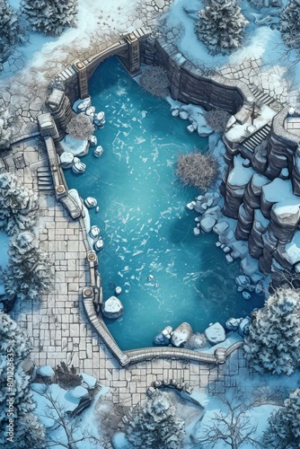 DnD Battlemap Frozen Lake Battlemap with Opened Doors. photo